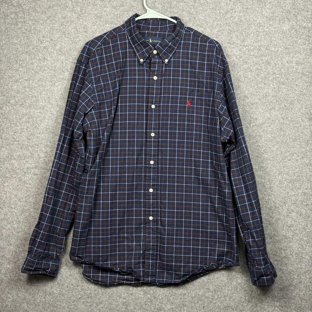 Ralph Lauren Mens Plaid Button Down Shirt Long‎ Sleeve Red Pony Logo Size XL